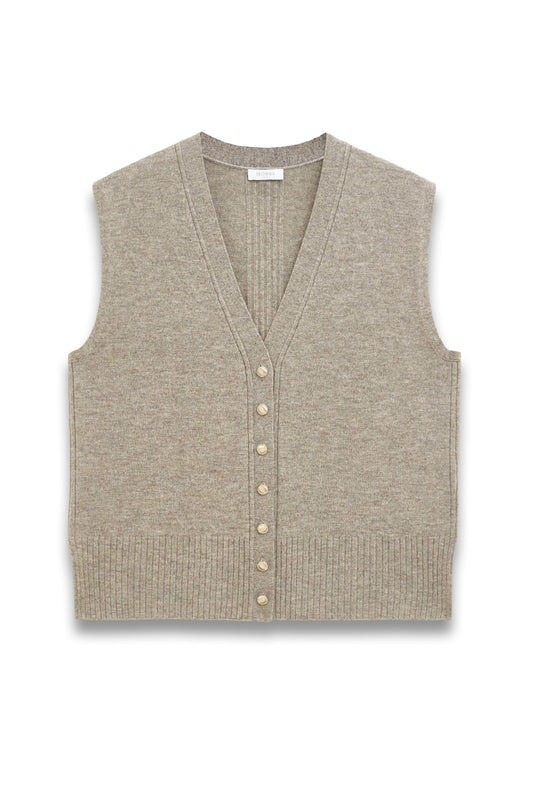 Beige Maya Wool Cashmere V Neck Button Knitted Vest