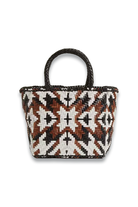 Margot Small Leather Woven Tote Bag in Tan/White/Black