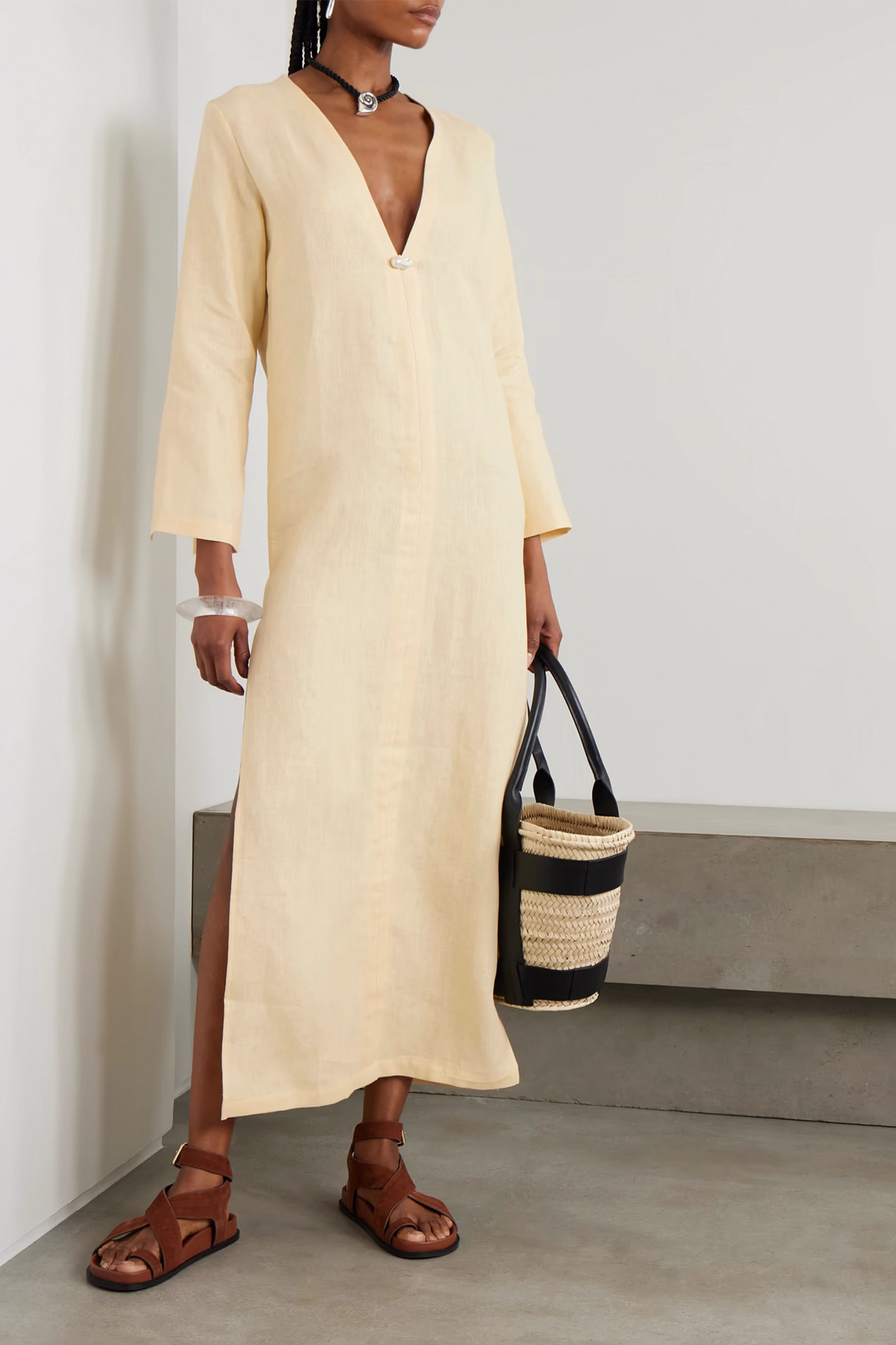 Pearl-embellished Linen Kaftan