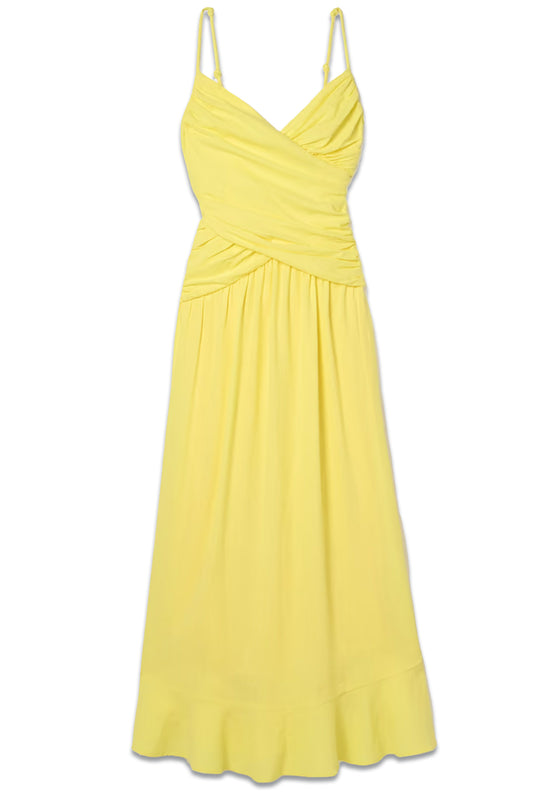 Yellow Ruched Linen-blend Maxi Dress
