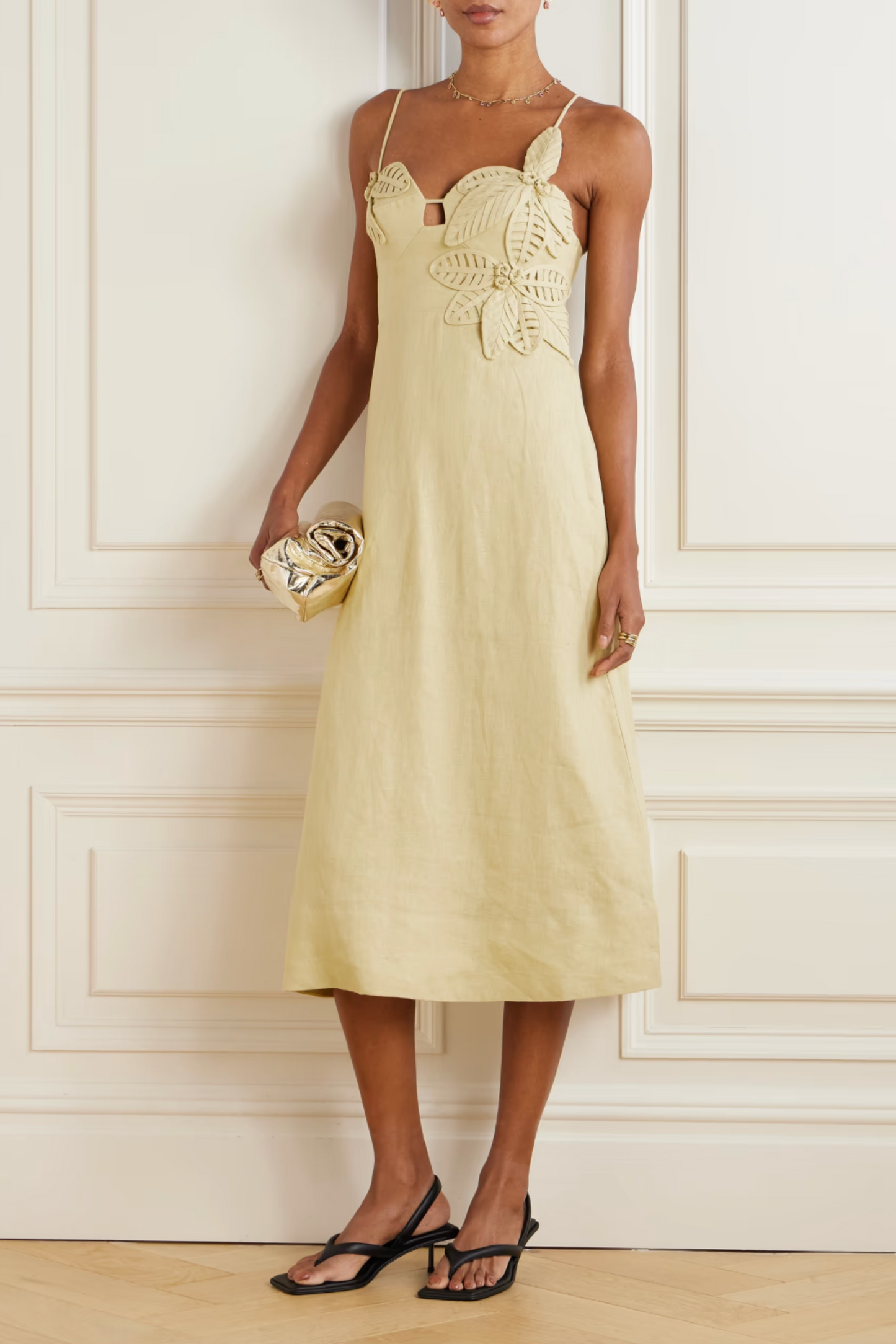 Appliquéd Linen Midi Dress