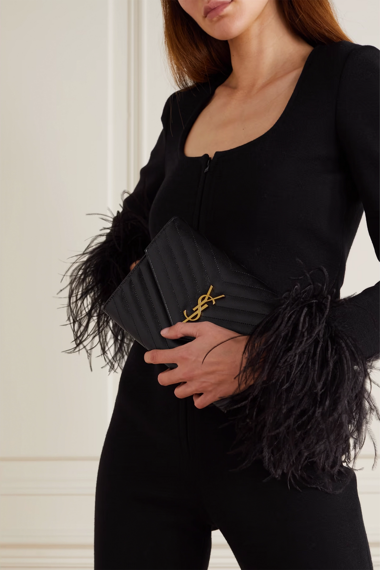 YSL-Plaque Grained-leather Wristlet Clutch Bag
