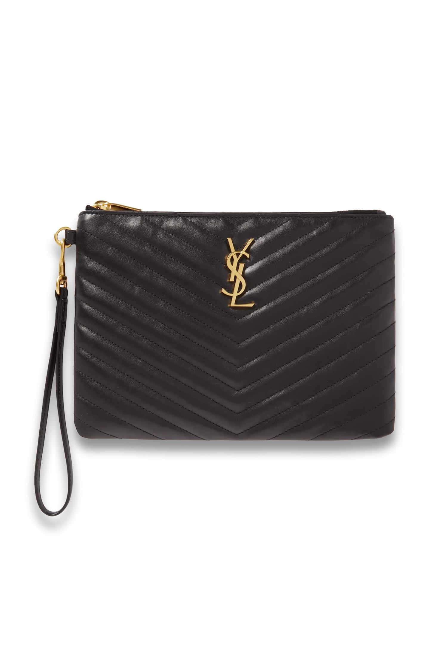 Black quilted clutch bag with gold logo on a white background