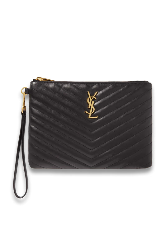 Black quilted clutch bag with gold logo on a white background
