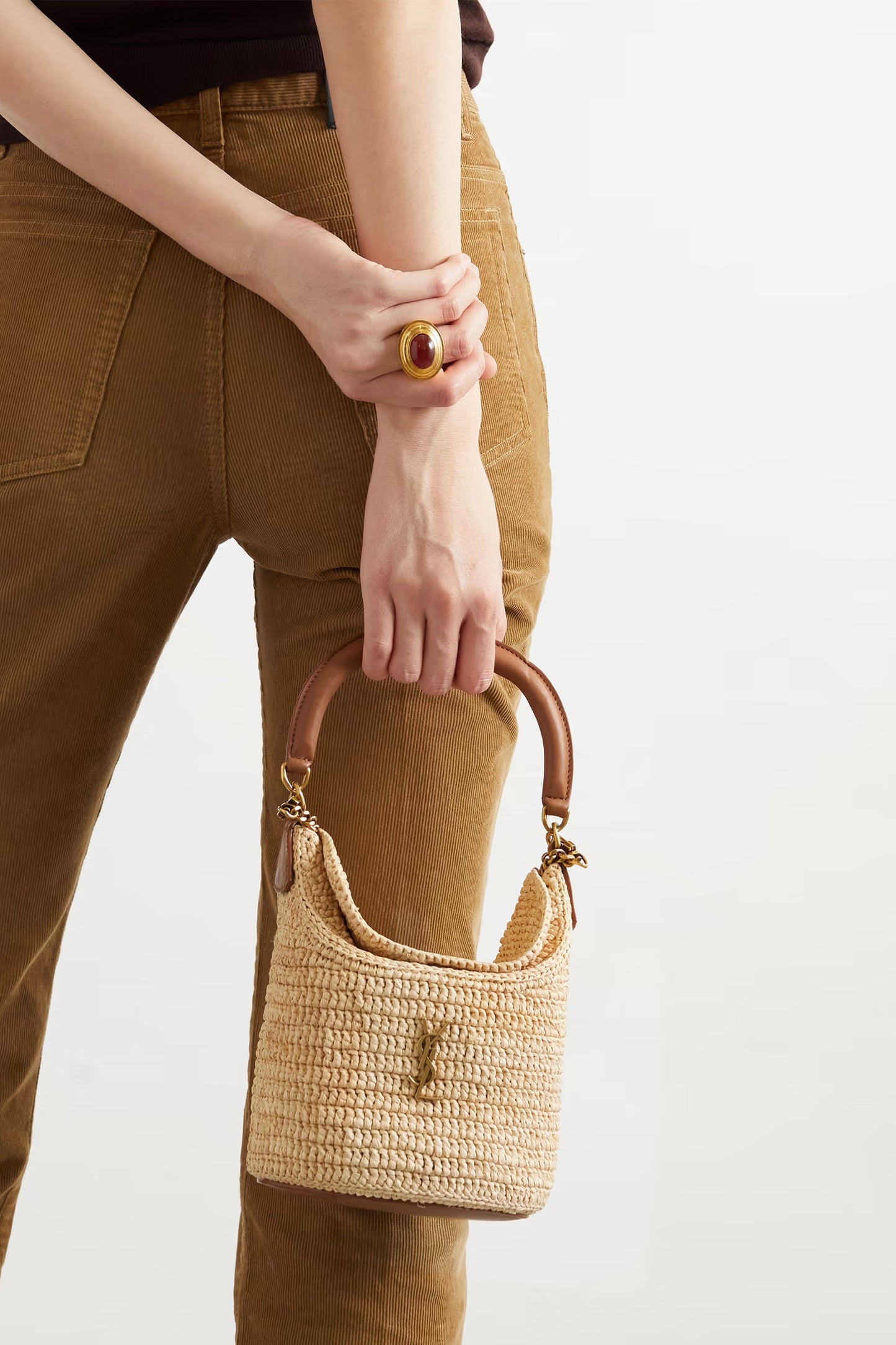 Gaby Leather-Trimmed Raffia Bucket Bag