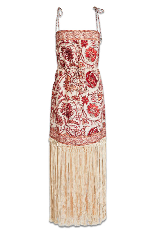 Fringed Floral-Print Linen And Macramé Maxi Dress