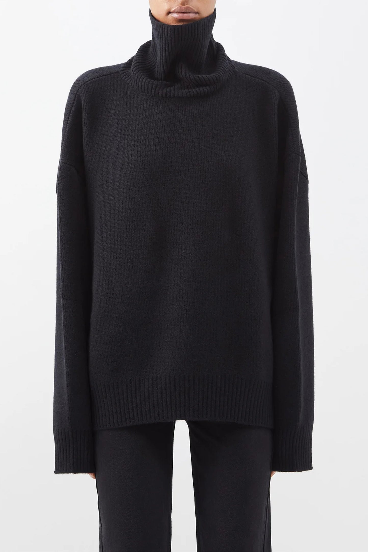 Cropped Displaced-Sleeve Roll-Neck Wool Sweater