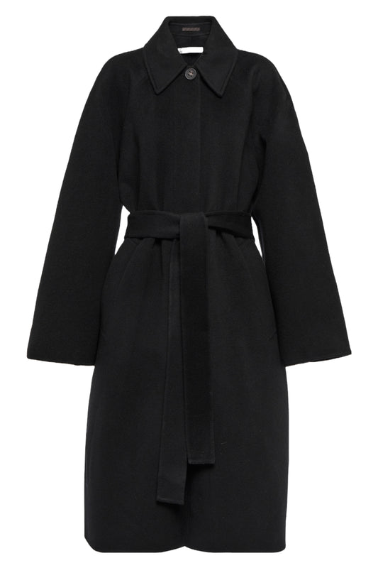 Belted Wool Black Midi Coat