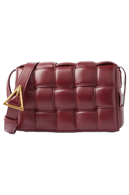 Burgundy Cassette Padded Intrecciato Leather Shoulder Bag