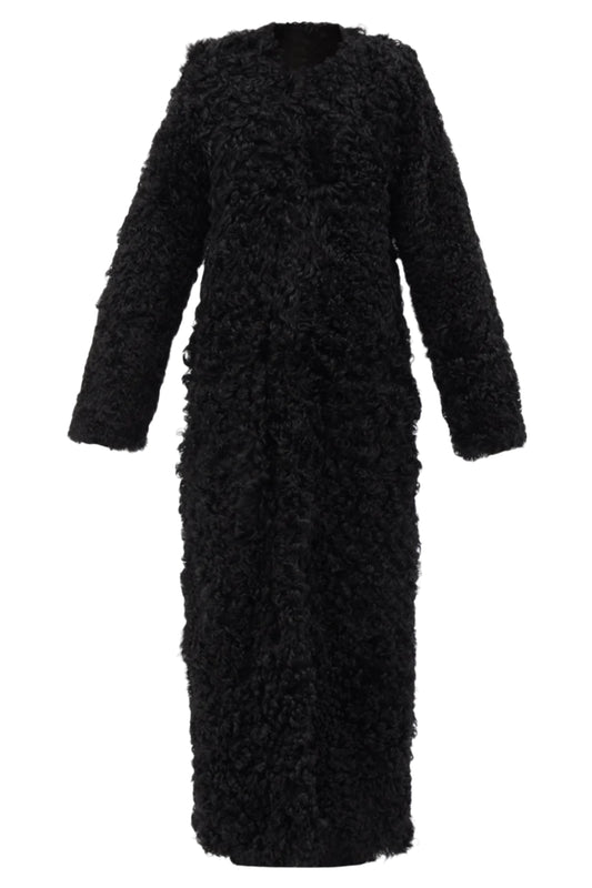 Collarless Curly Shearling Maxi Coat