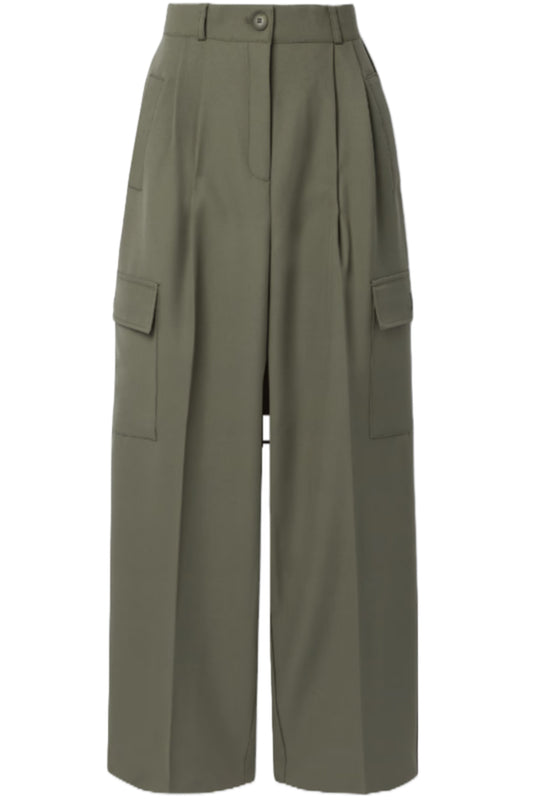 Maesa Army Green Pleated Woven Wide-leg Cargo Pants