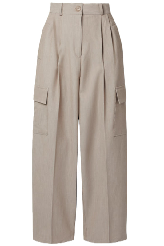 Maesa Beige Pleated Woven Wide-leg Cargo Pants