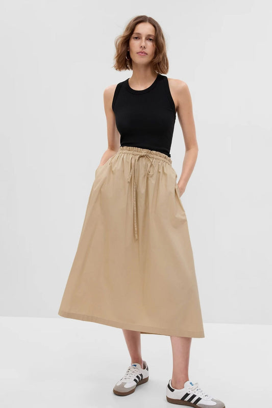 Paperbag Nude Pull-On Midi Skirt