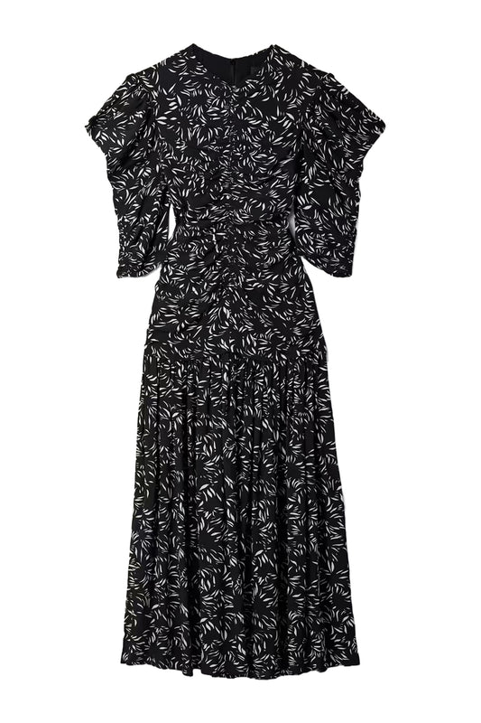 Gathered Printed Crepe De Chine Midi Dress