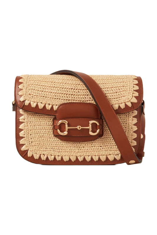 Horsebit 1955 Crocheted Raffia And Leather Shoulder Bag