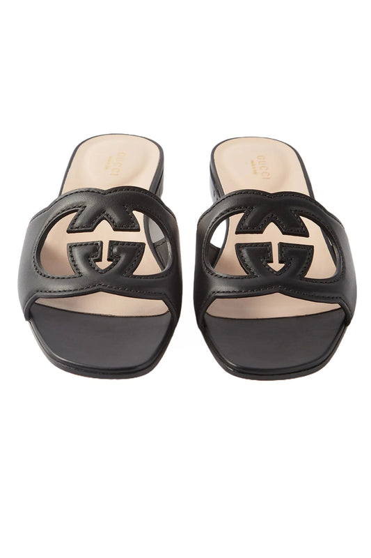 Cutout-Monogram Leather Slides