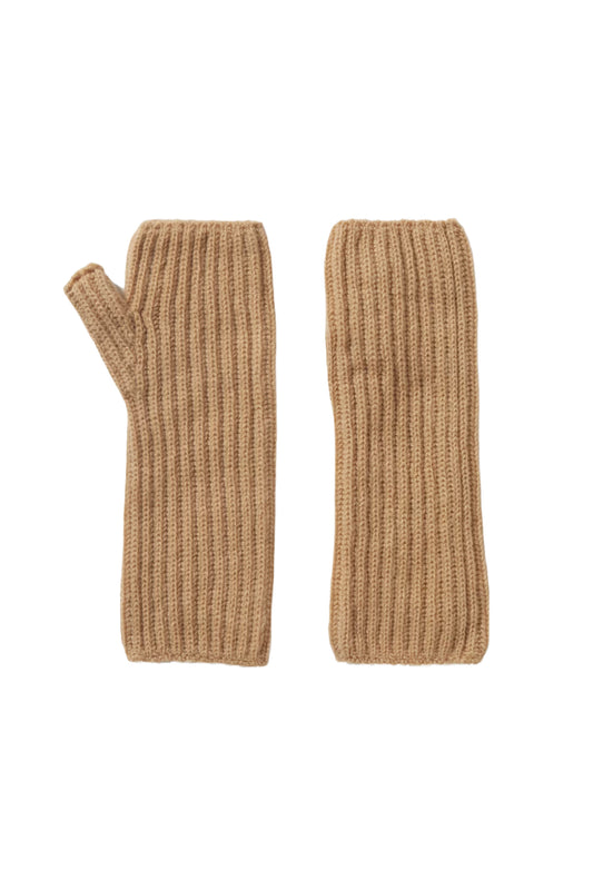 Ribbed Camel Cashmere Fingerless Gloves