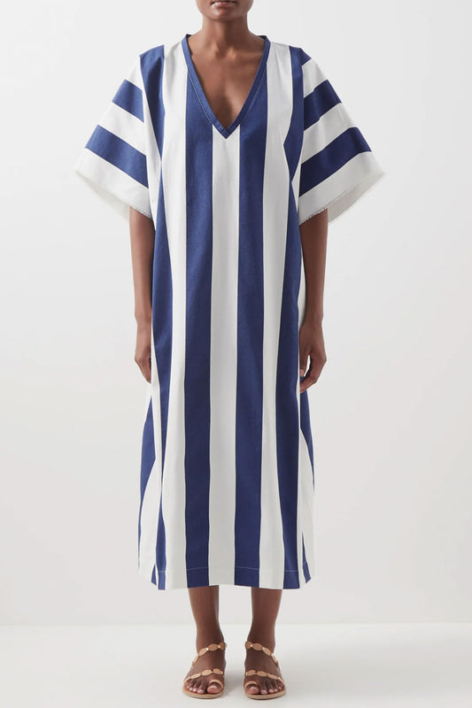 Blue And White Striped V-neck Cotton Kaftan Dress