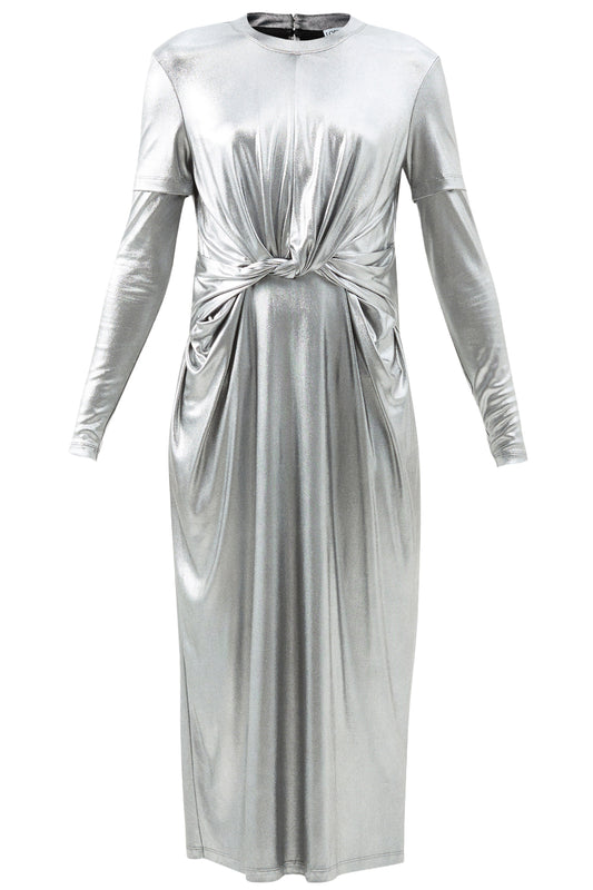 Twisted-waist Silver Satin Dress