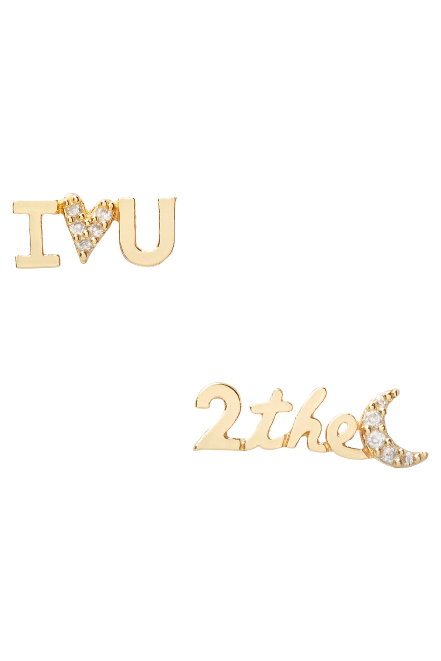 I Love U 2 The Moon Cubic Zirconia Gold Stud Earrings