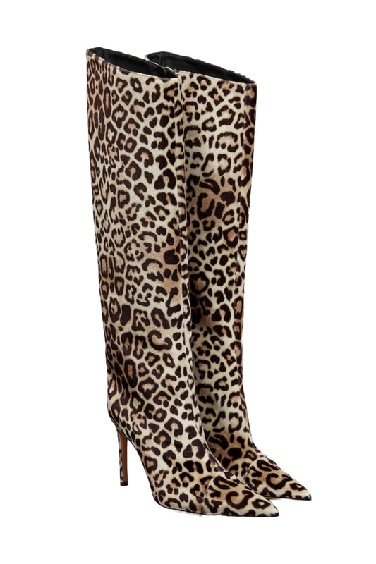 Leopard-print Knee-high Velvet Boots