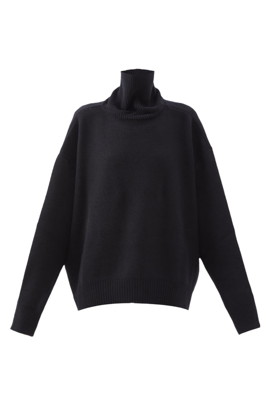 Cropped Displaced-Sleeve Roll-Neck Wool Sweater