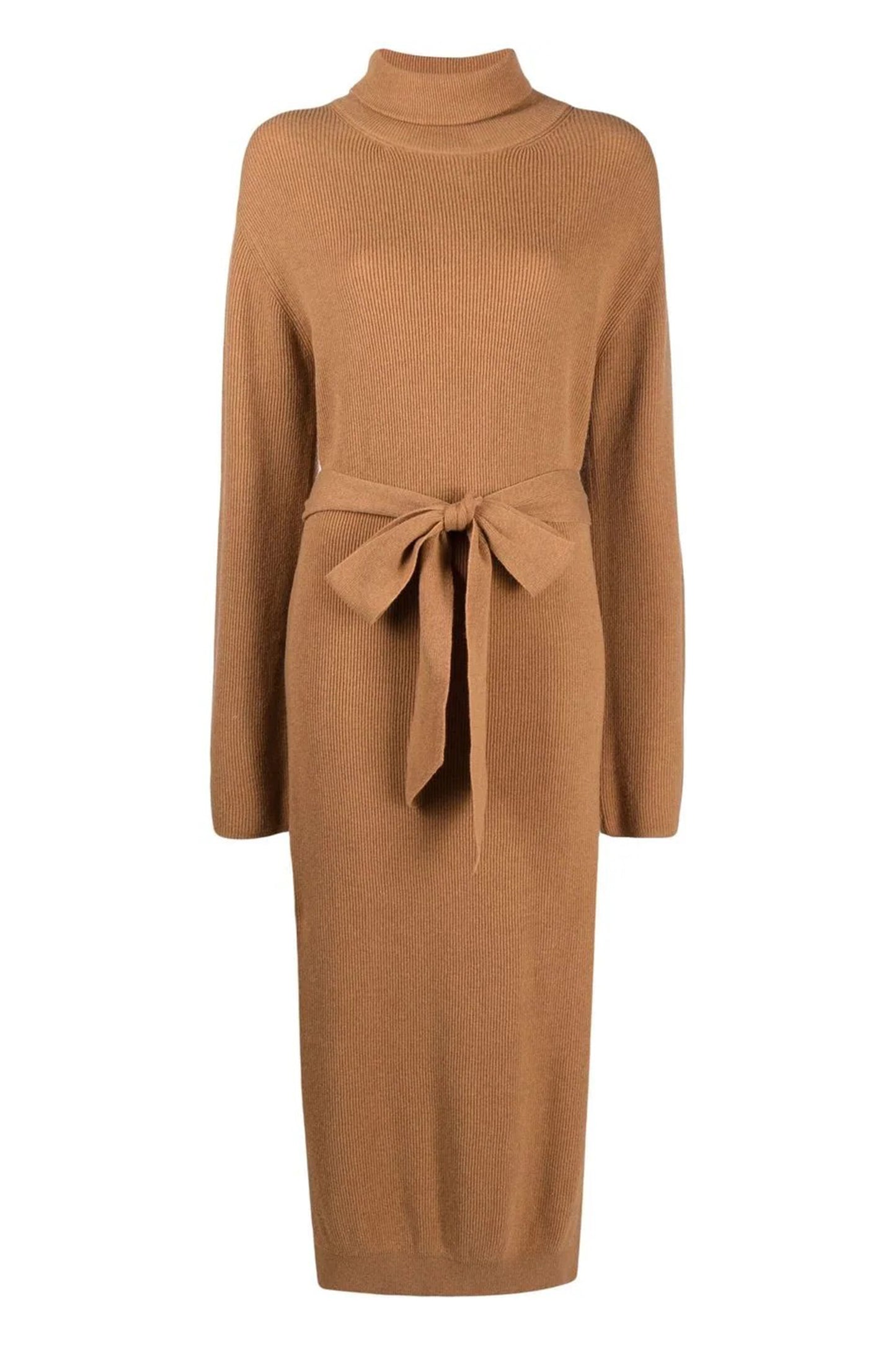 Camel Belted Knitted Dress