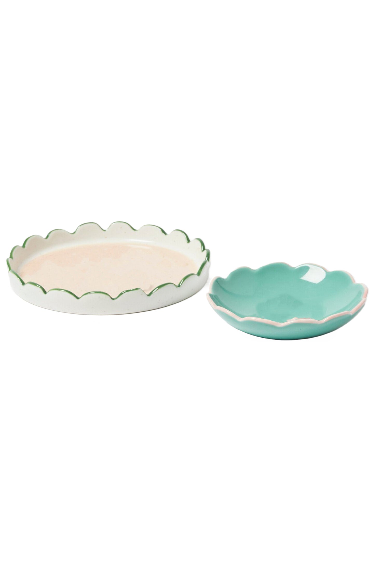 Scalloped Green & White Ceramic Trinket Dish Set of Two