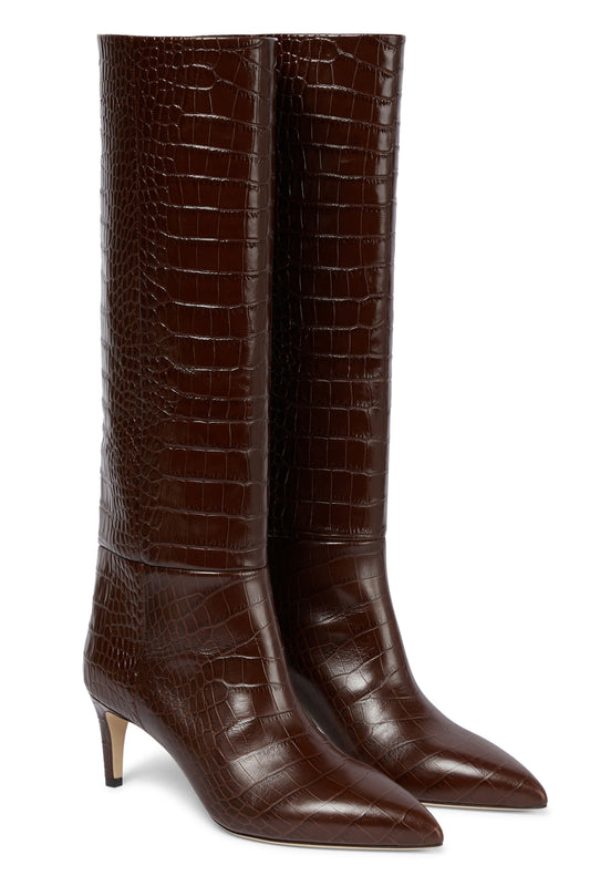 Brown Croc-Effect Leather Knee-High Boots