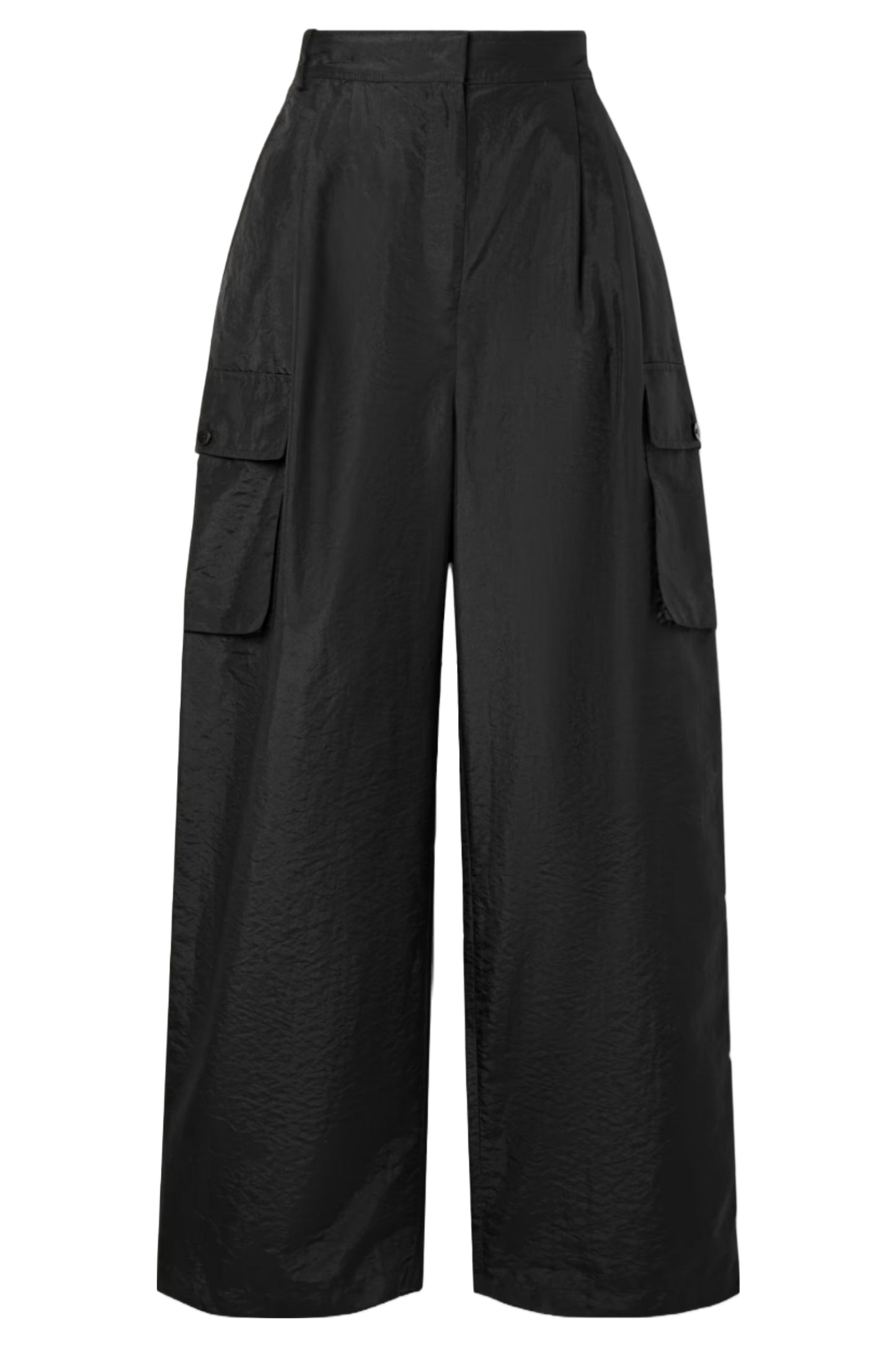 Pleated Black Shell Wide-Leg Cargo Pants