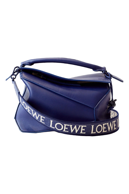 Puzzle Edge Navy Small Logo-Strap Leather Bag