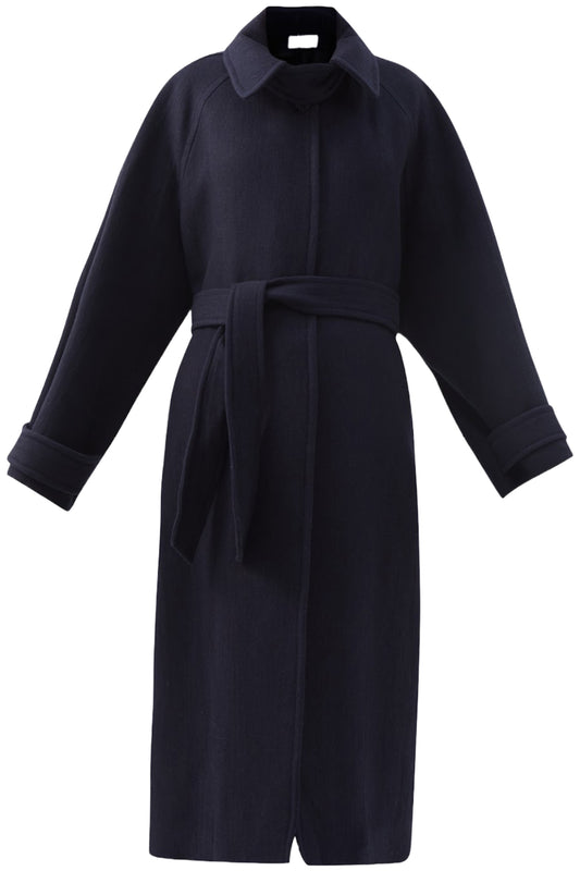 Oversized Navy Belted Raglan-sleeve Linen-blend Coat