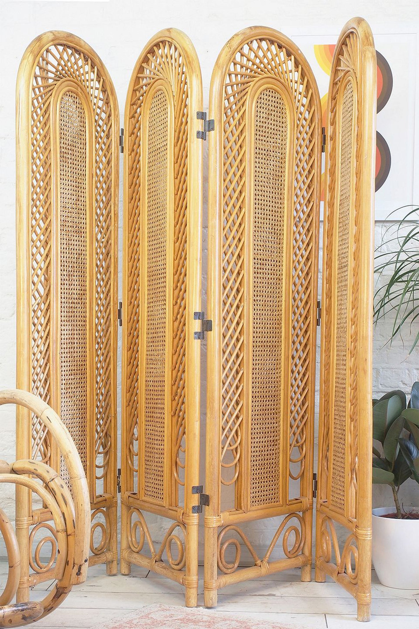 Vintage Cane & Rattan 4-Panel Screen