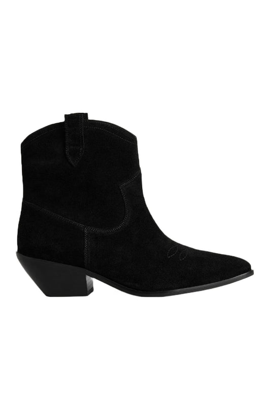 Black Cow Suede Western Low-Heel Boots