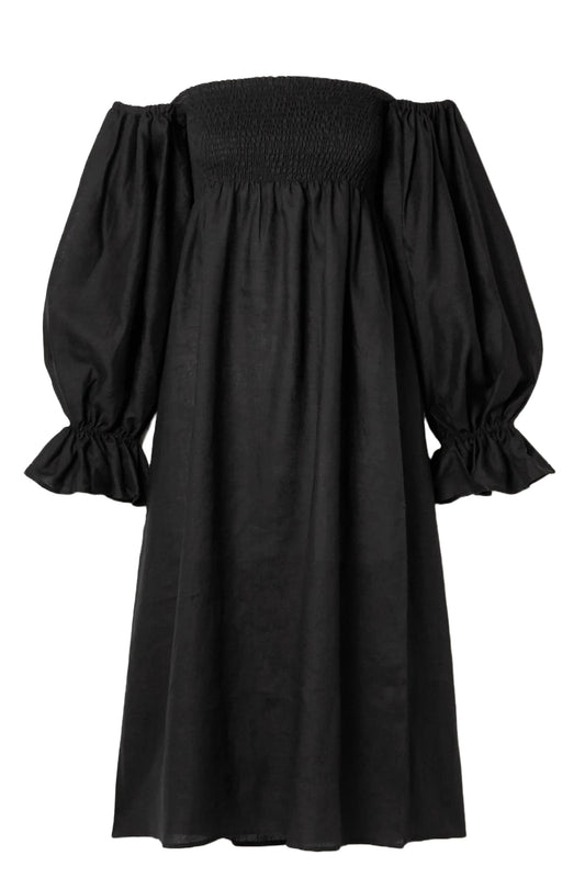 + NET SUSTAIN Black Atlanta Off-The-Shoulder Shirred Linen Midi Dress