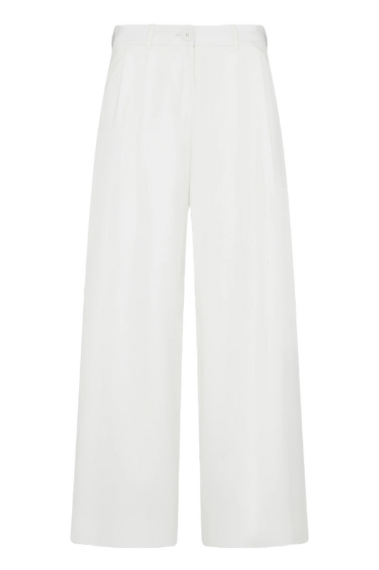 White High Waisted Hand Pleated Wide Leg Trousers