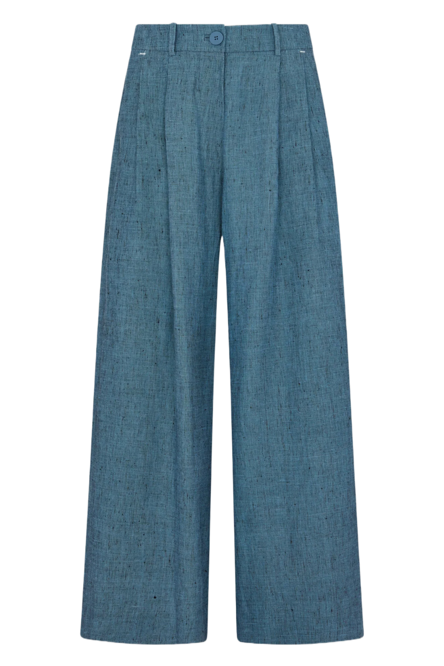 Blue Linen High Waisted Pleated Wide Leg Trousers