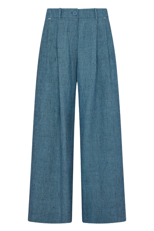 Blue Linen High Waisted Pleated Wide Leg Trousers