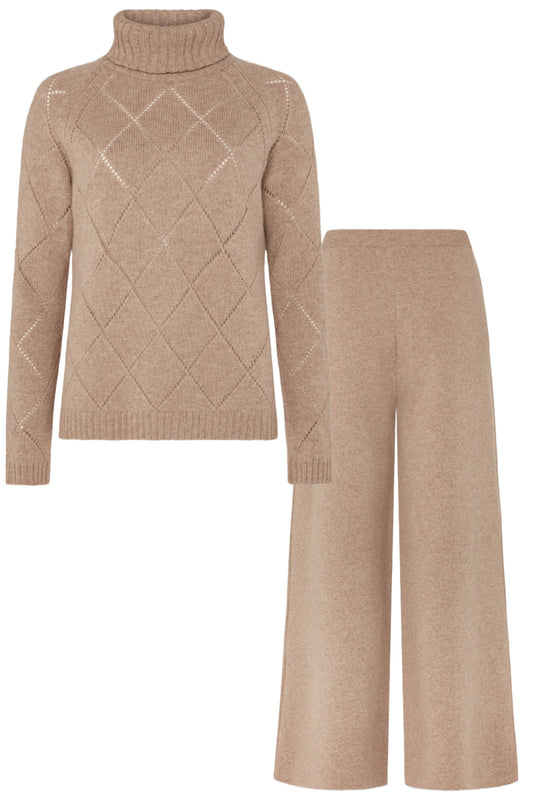 Cashmere Roll Neck Argyle Sweater And Straight Leg Trousers