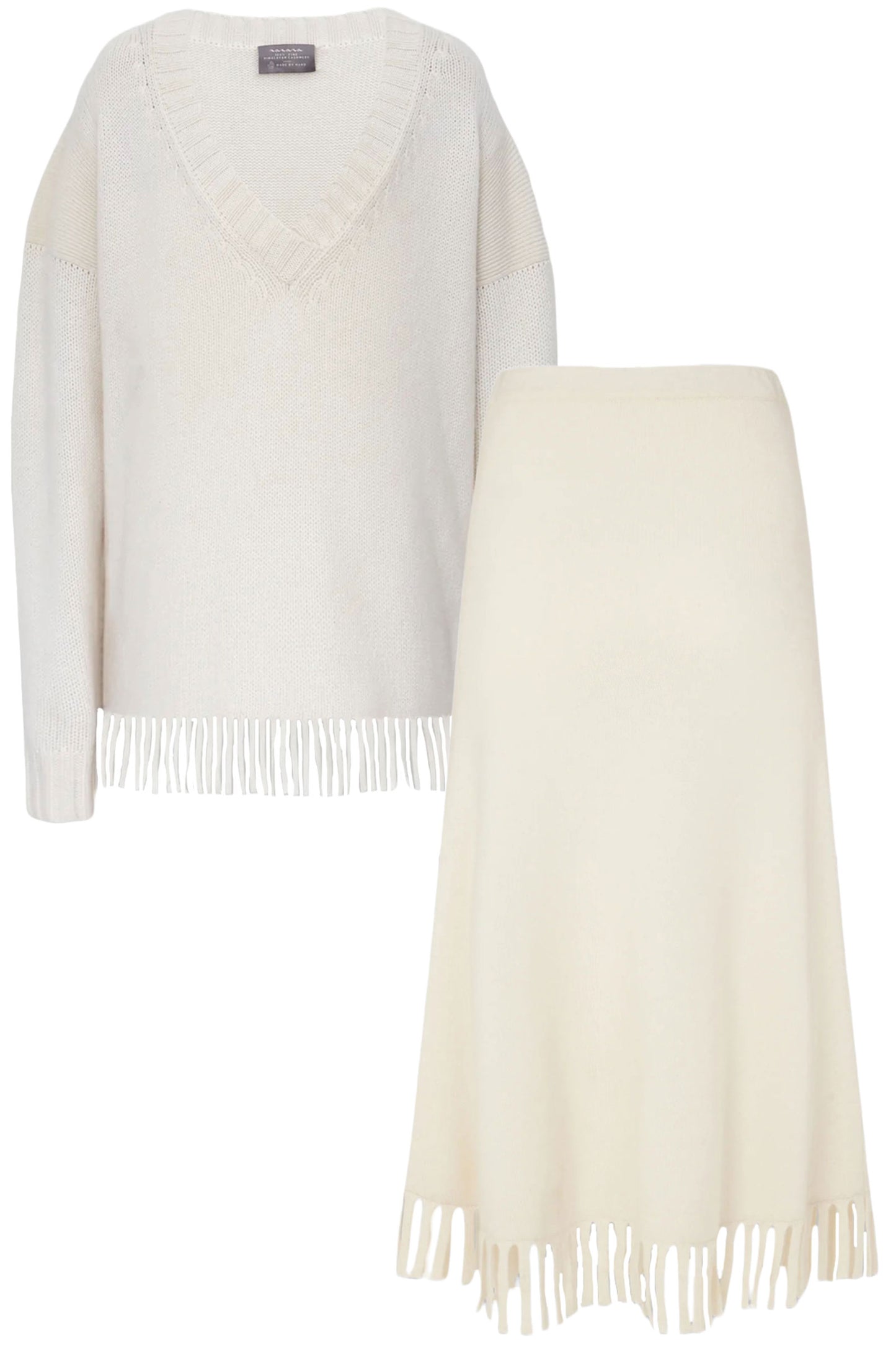 Chalk V-neck Fringed Cashmere Sweater And Midi Skirt