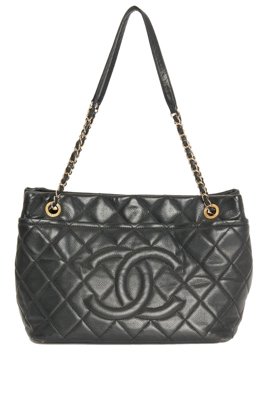 Preowned Black Leather Diamond Quilted CC Shopping Tote