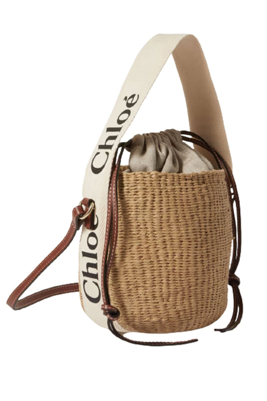 Woody Small Leather-trimmed Raffia Basket Bag