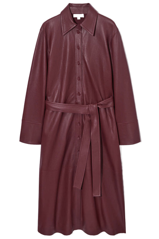 Belted Leather Midi Shirt Dress