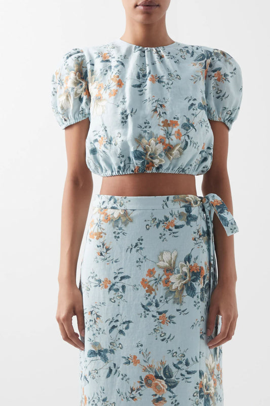 Vacation Hydra Floral-print Linen Cropped Top