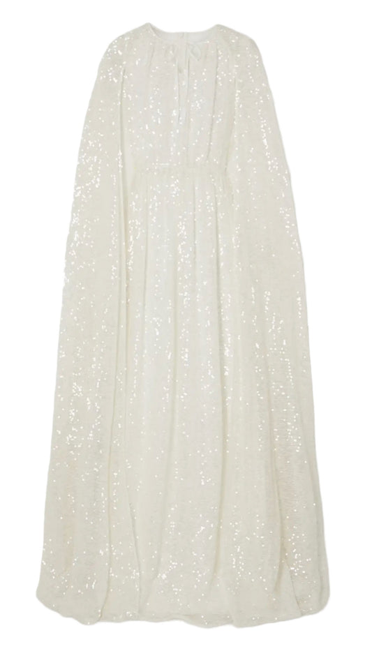 Kenley Cape-Effect Gathered Sequined Chiffon Gown