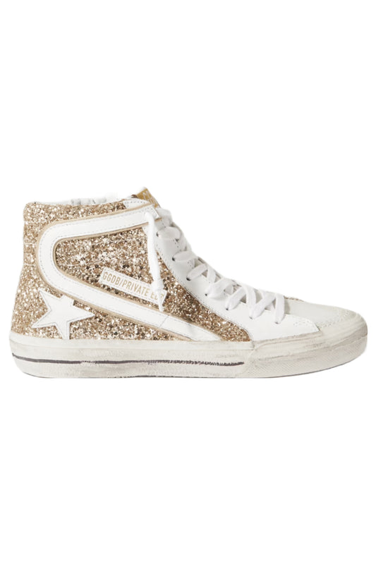 Slide Distressed Glittered Leather High-top Sneakers