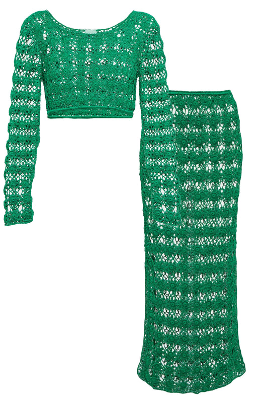 Green Crochet Cotton Maxi Skirt Co-ord