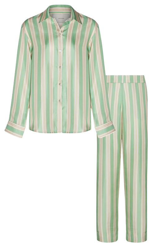 London Mint Stripe Printed Silk Twill Pyjama Top and Bottoms