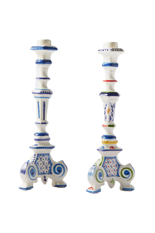 Set Of Two Turquerie Ceramic Candlestick Holders