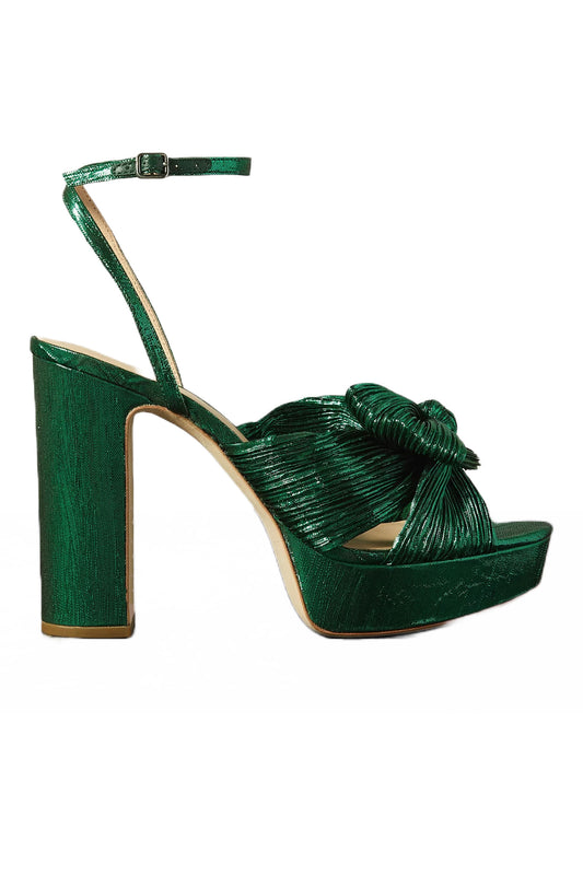 Natalia Bow-Embellished Plissé-Lamé Platform Sandals